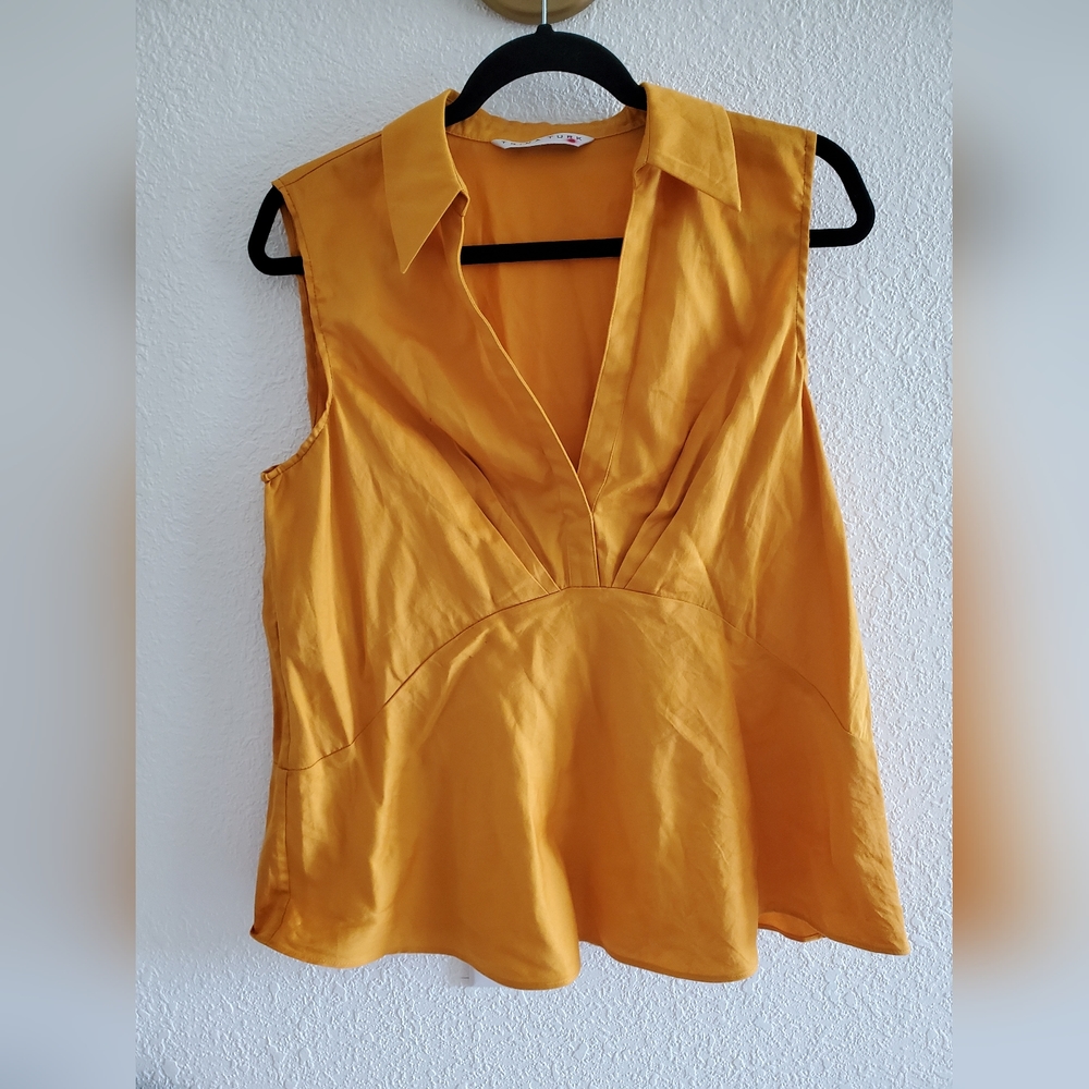 Trina Turk Sleeveless Blouse V neck Collared Mustard Blouse